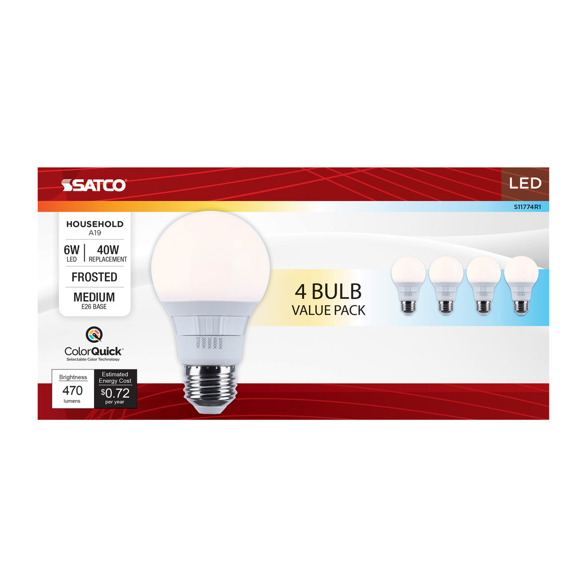 Satco S11774R1 6W A19 CCT Selectable LED Light Bulb Medium Base