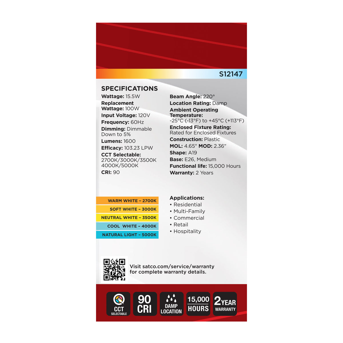 Satco S12147 15.5W A19 CCT Selectable LED Light Bulb Medium Base