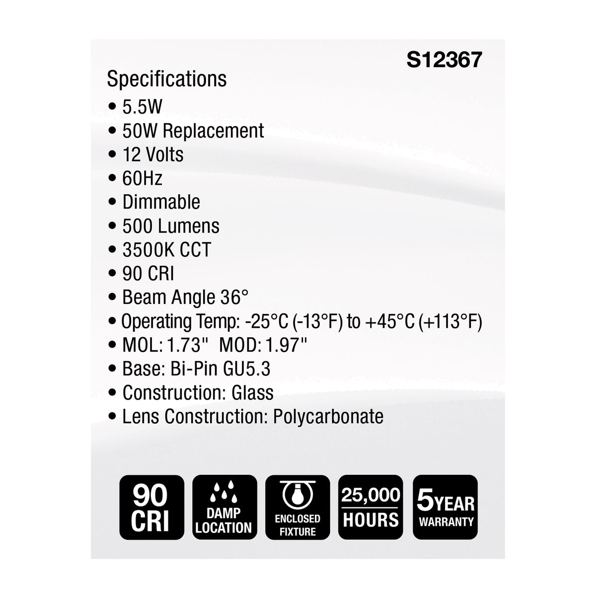 Satco S12367 5.5W MR16 Neutral White LED Light Bulb Bi Pin GU5.3 Base
