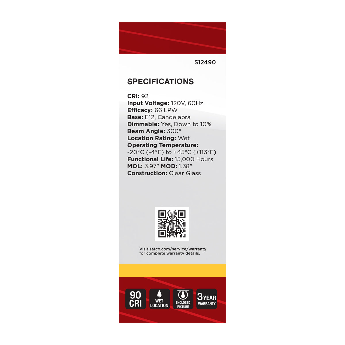 Satco S12490 3W B11 Soft White LED Light Bulb Candelabra Base