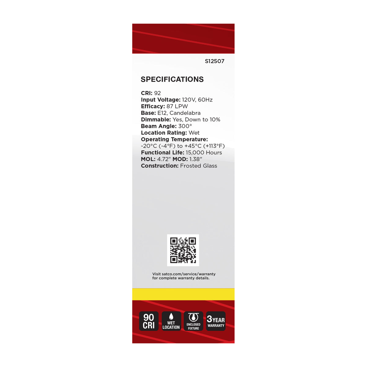 Satco S12507 4W CA10 Neutral White LED Light Bulb Candelabra Base