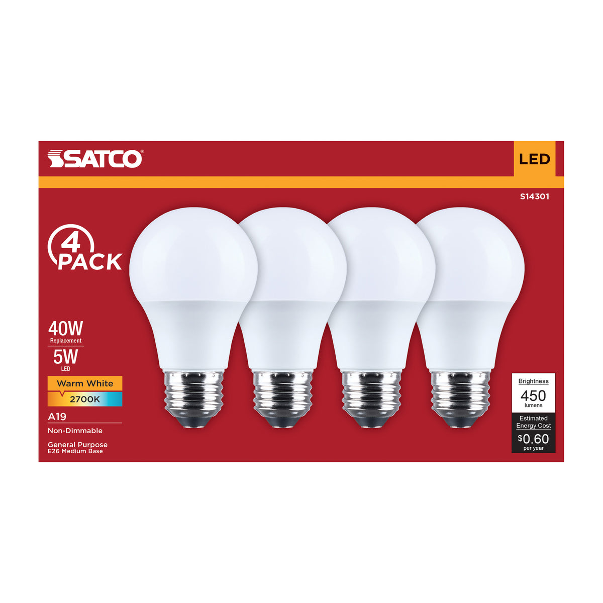 Satco S14301 5W A19 Warm White LED Light Bulb Medium Base