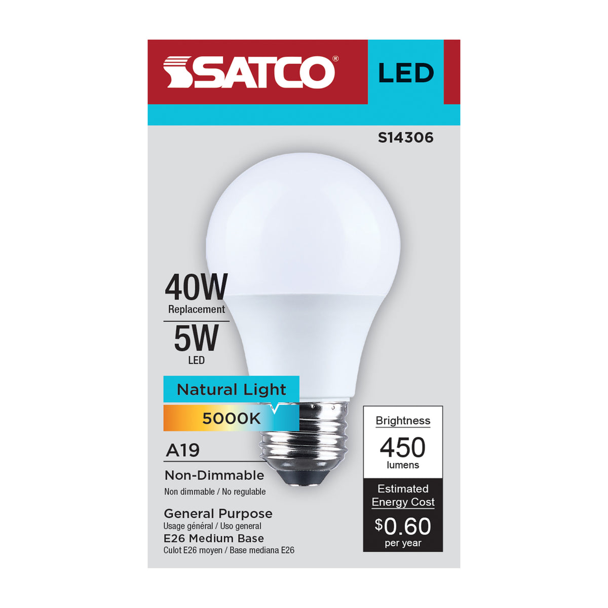 Satco S14306 5W A19 Natural Light LED Light Bulb Medium Base
