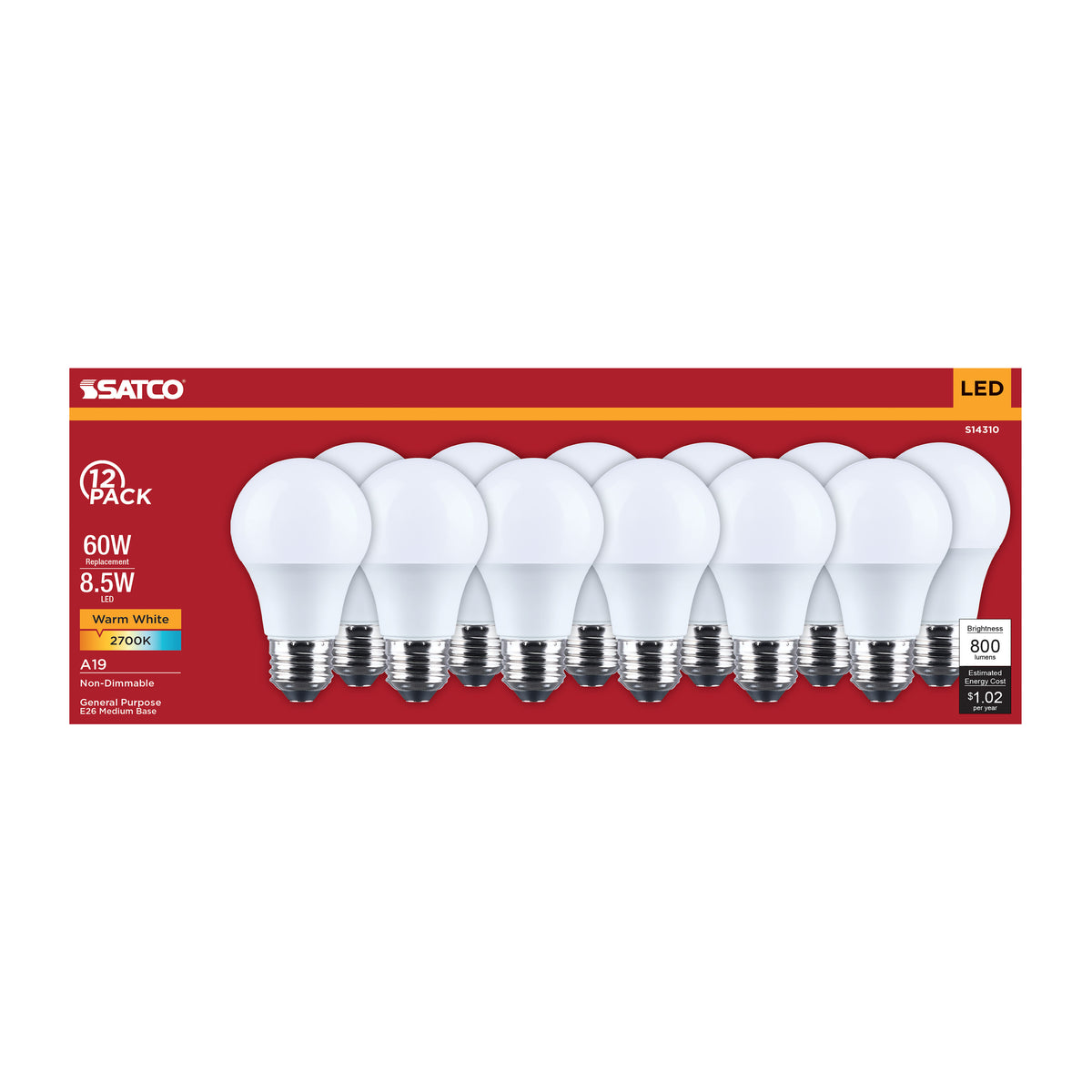 Satco S14310 8.5W A19 Warm White LED Light Bulb Medium Base