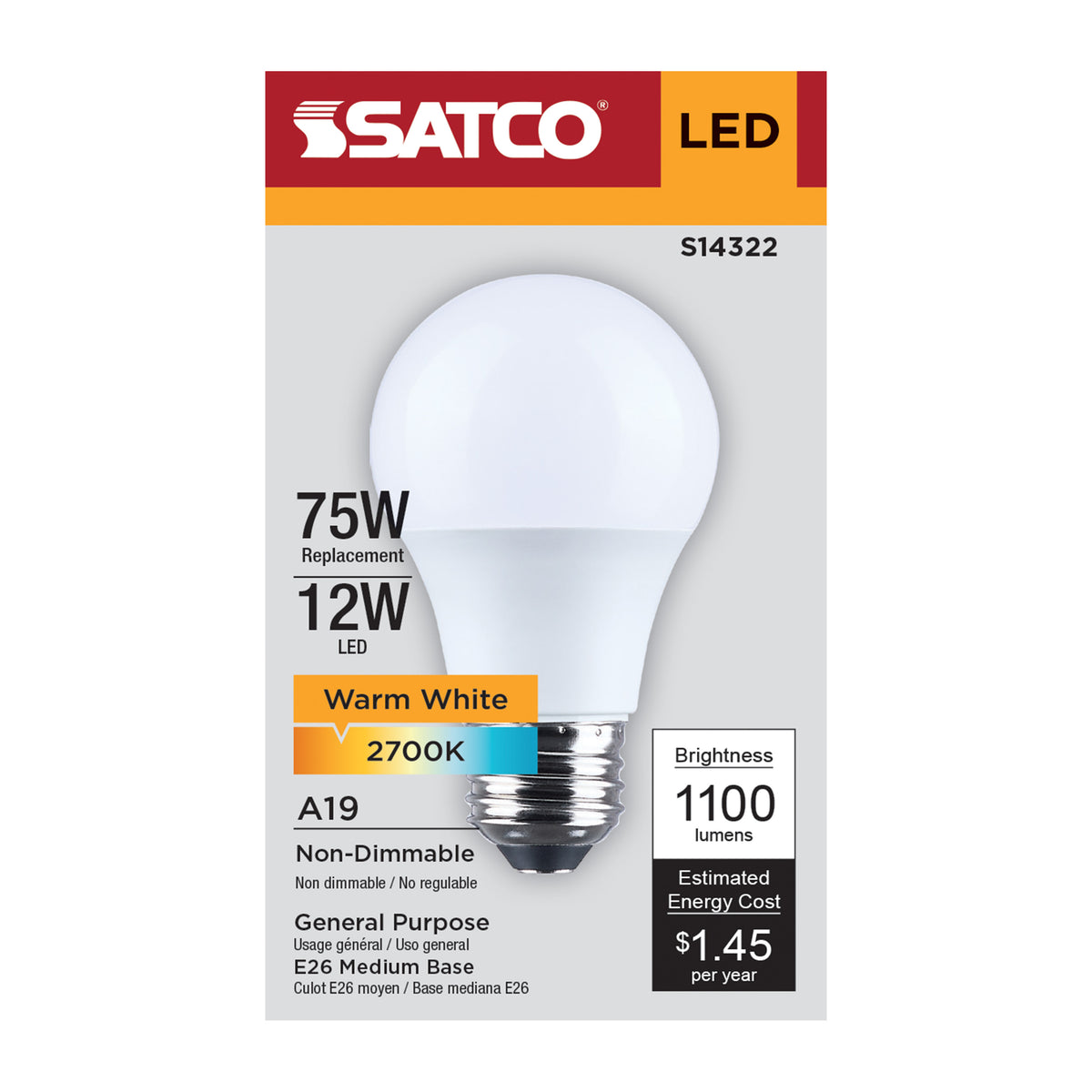 Satco S14322 12W A19 Warm White LED Light Bulb Medium Base