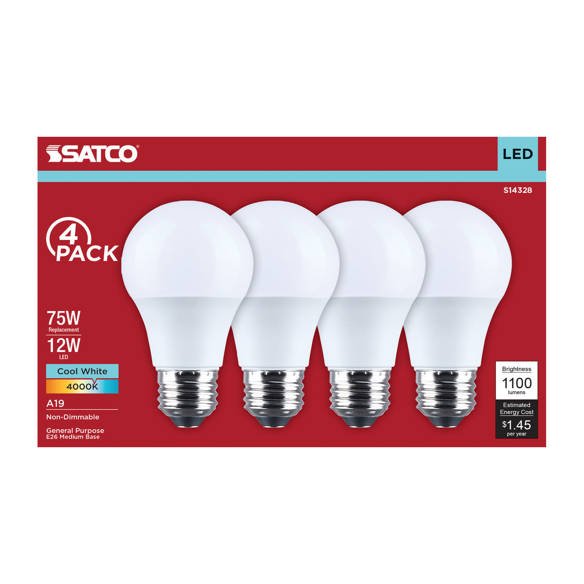Satco S14328 12W A19 Cool White LED Light Bulb Medium Base