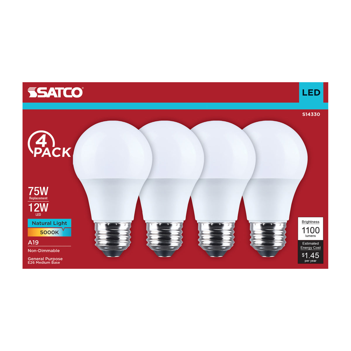 Satco S14330 12W A19 Natural Light LED Light Bulb Medium Base
