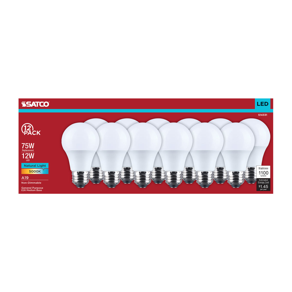 Satco S14331 12W A19 Natural Light LED Light Bulb Medium Base