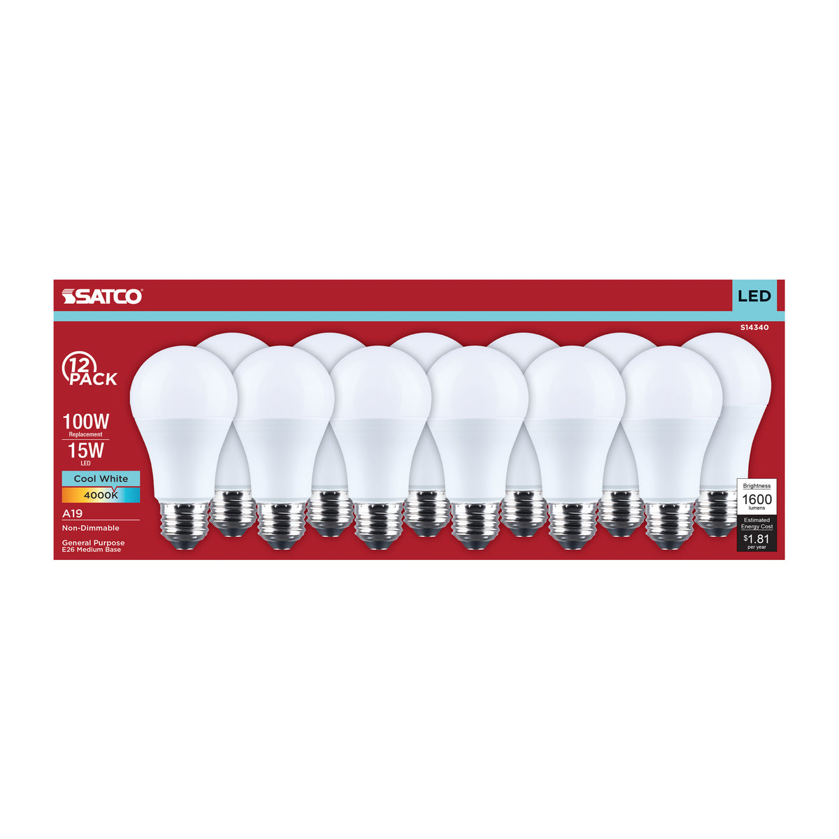 Satco S14340 15W A19 Cool White LED Light Bulb Medium Base