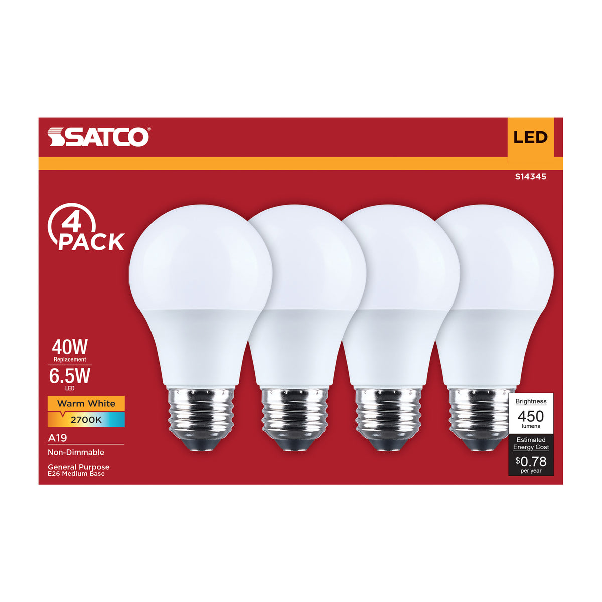 Satco S14345 6.5W A19 Warm White LED Light Bulb Medium Base