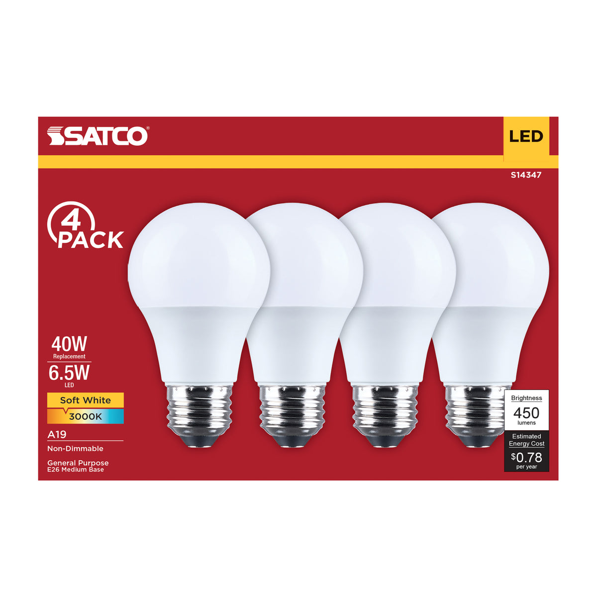 Satco S14347 6.5W A19 Soft White LED Light Bulb Medium Base