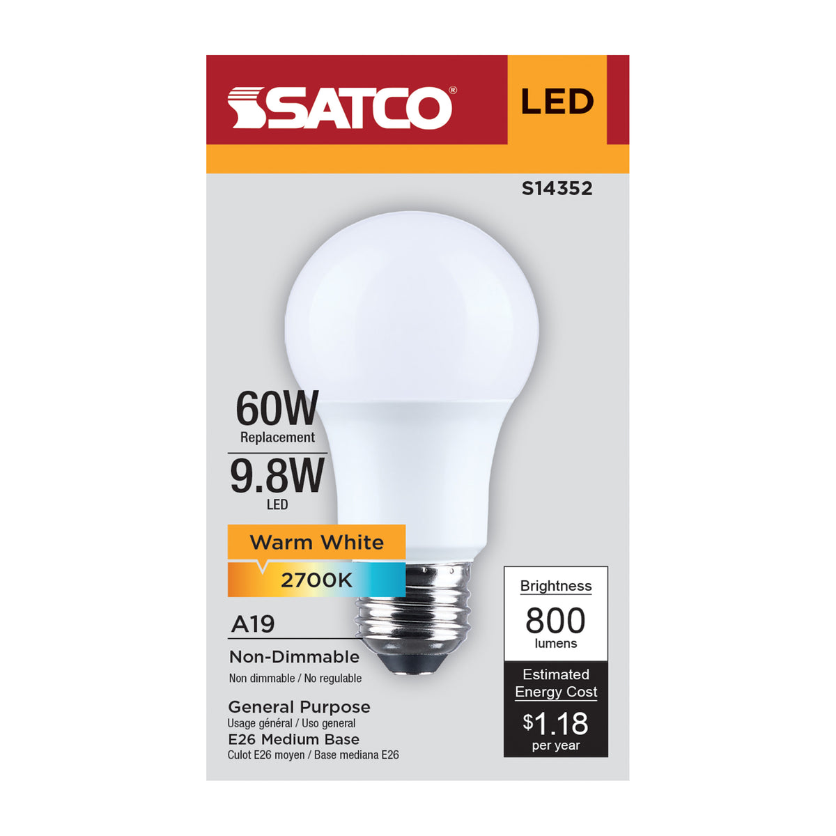 Satco S14352 9.8W A19 Warm White LED Light Bulb Medium Base