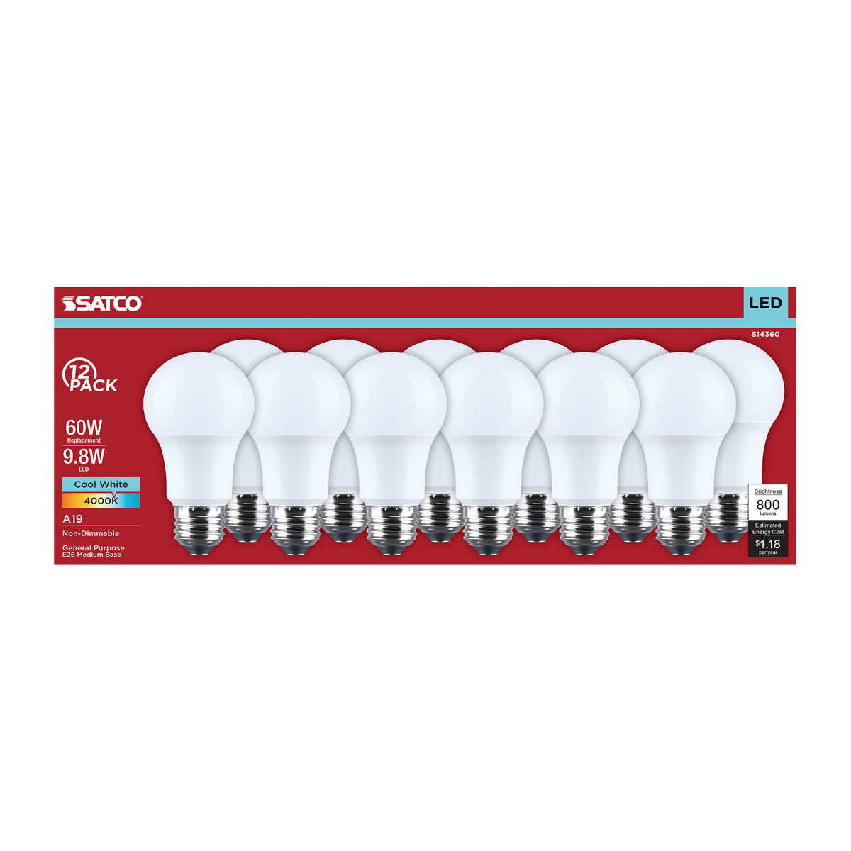 Satco S14360 9.8W A19 Cool White LED Light Bulb Medium Base