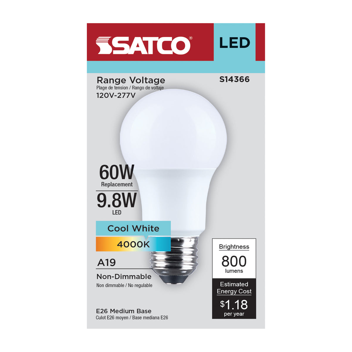 Satco S14366 9.8W A19 Cool White LED Light Bulb Medium Base