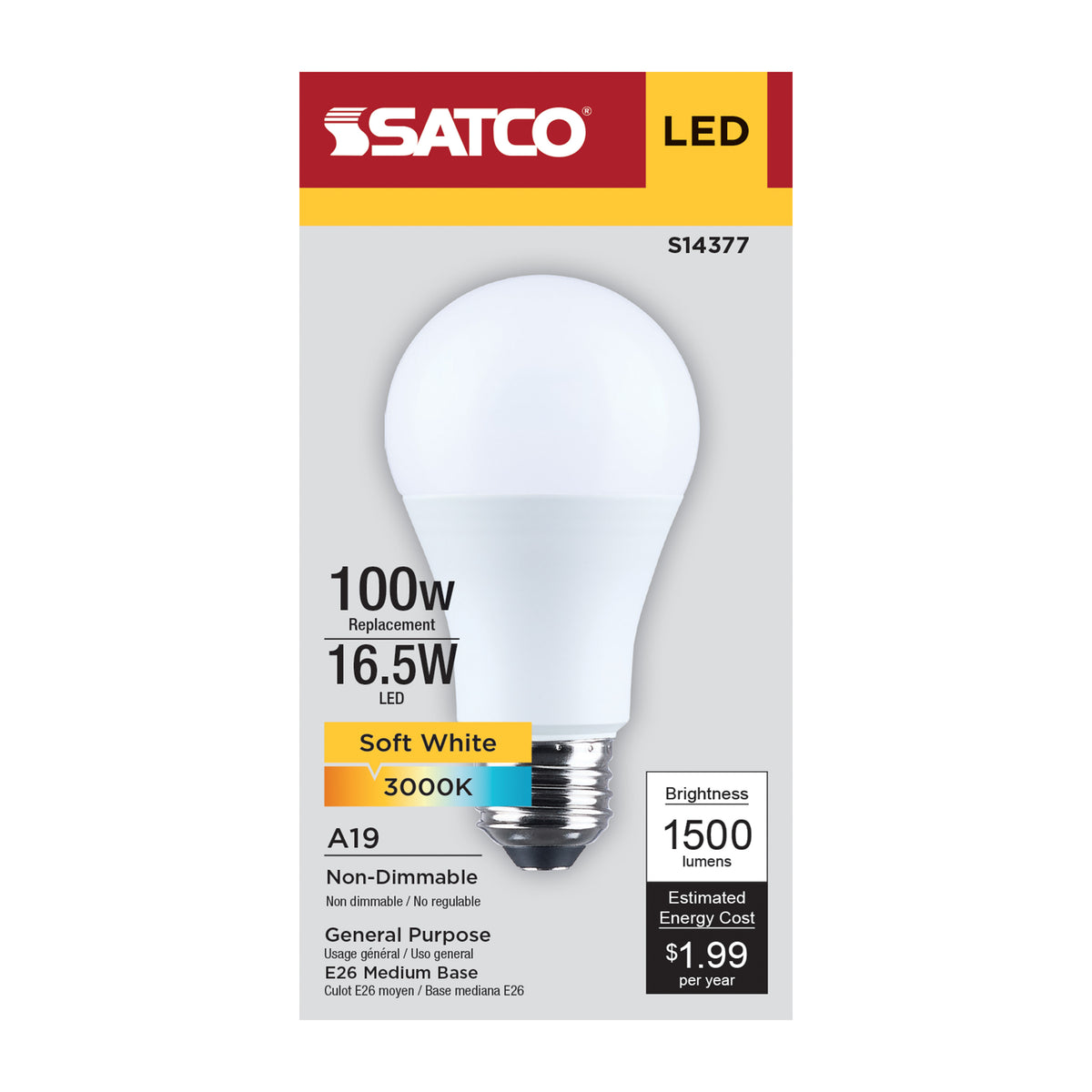 Satco S14377 16.5W A19 Soft White LED Light Bulb Medium Base