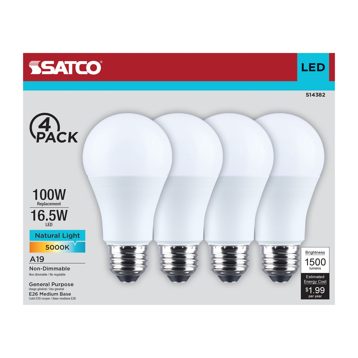 Satco S14382 16.5W A19 Natural Light LED Light Bulb Medium Base
