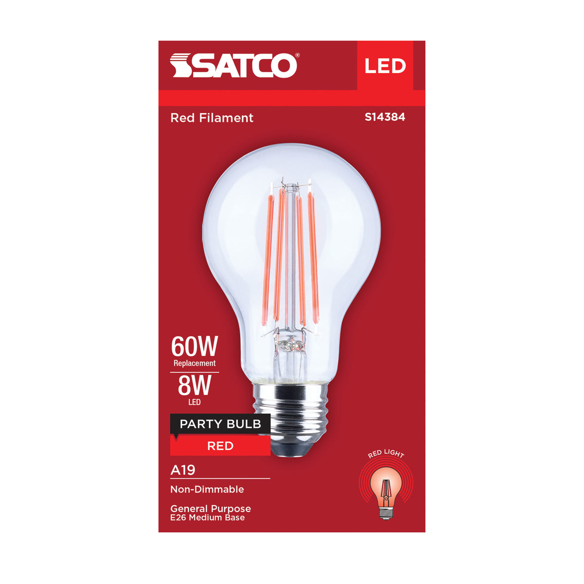Satco S14384 8W A19 Red LED Light Bulb Medium Base
