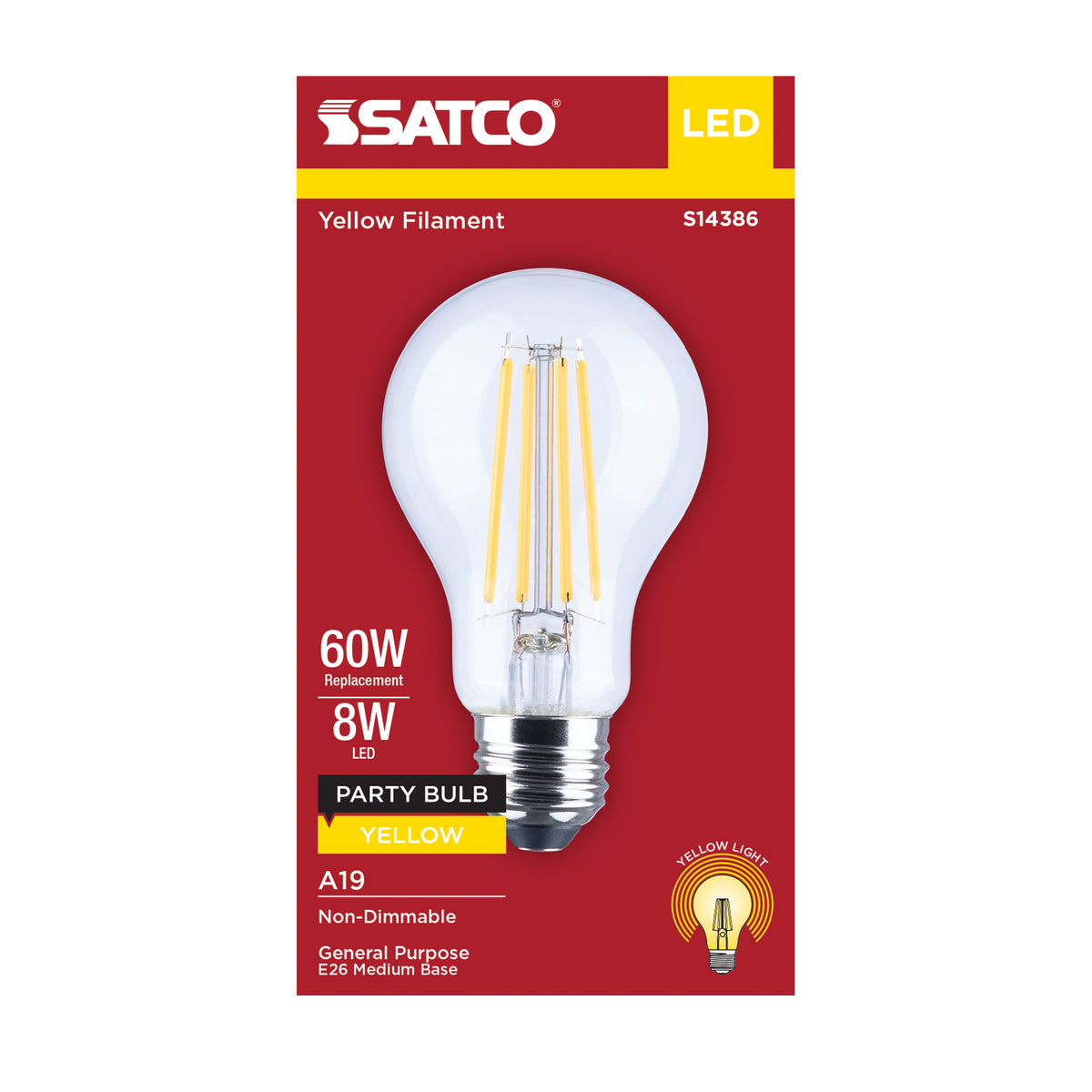 Satco S14386 8W A19 Yellow LED Light Bulb Medium Base