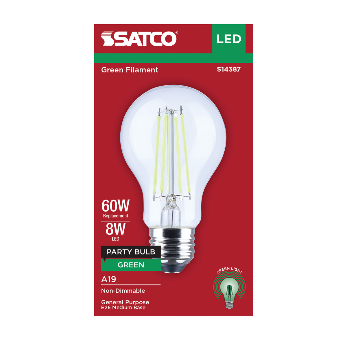 Satco S14387 8W A19 Green LED Light Bulb Medium Base