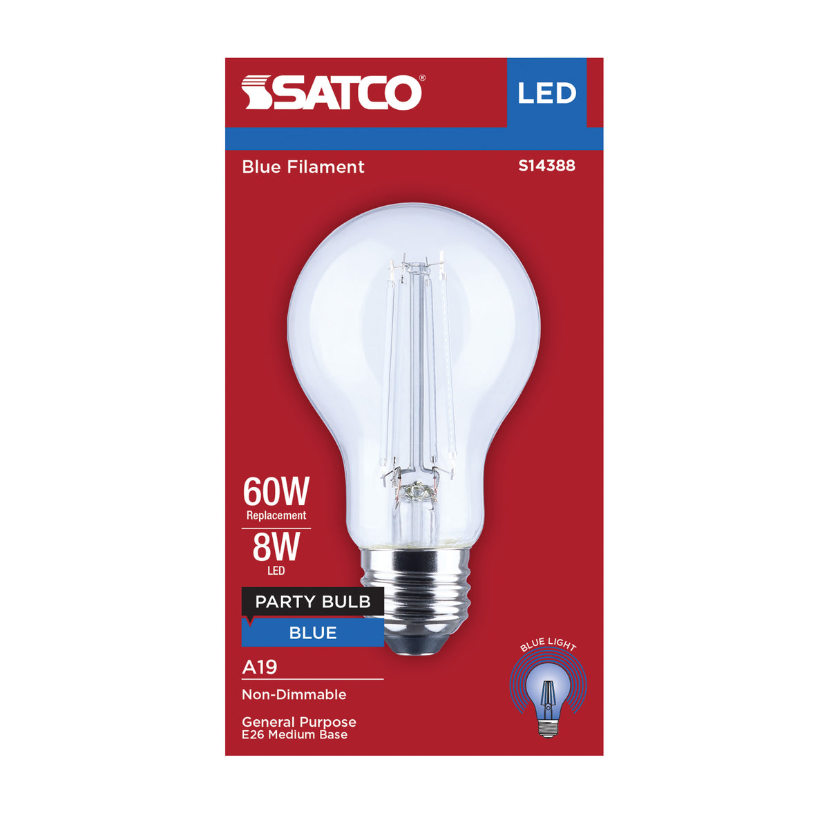 Satco S14388 8W A19 Blue LED Light Bulb Medium Base