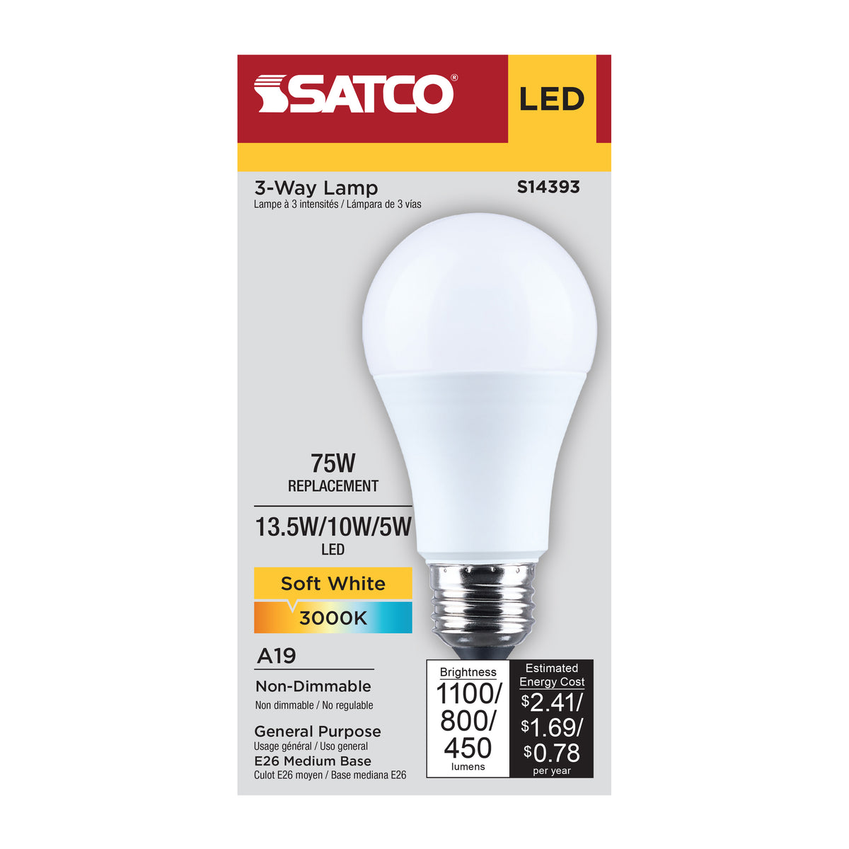 Satco S14393 13.5W/10W/5W A19 Soft White LED Light Bulb Medium Double Contact Base