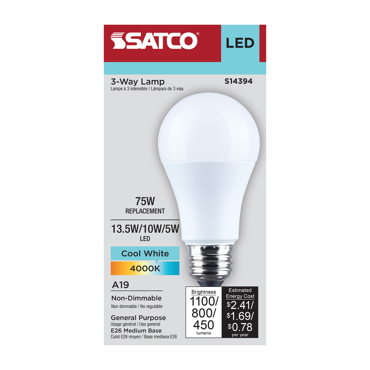 Satco S14394 13.5W/10W/5W A19 Cool White LED Light Bulb Medium Double Contact Base