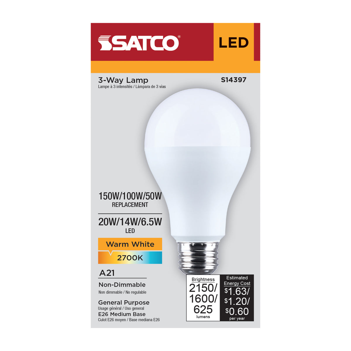 Satco S14397 20W/14W/6.5W A21 Warm White LED Light Bulb Medium Double Contact Base