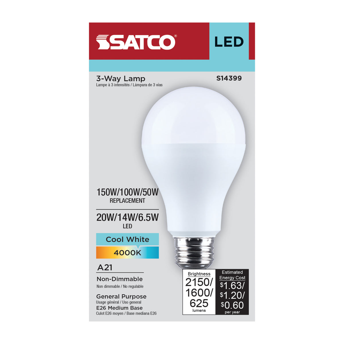 Satco S14399 20W/14W/6.5W A21 Cool White LED Light Bulb Medium Double Contact Base