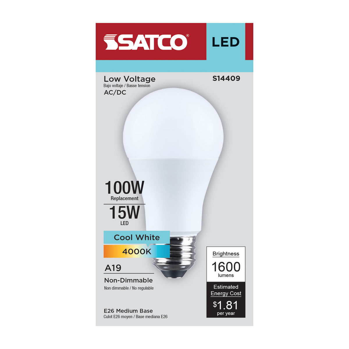 Satco S14409 15W A19 Cool White LED Light Bulb Medium Base