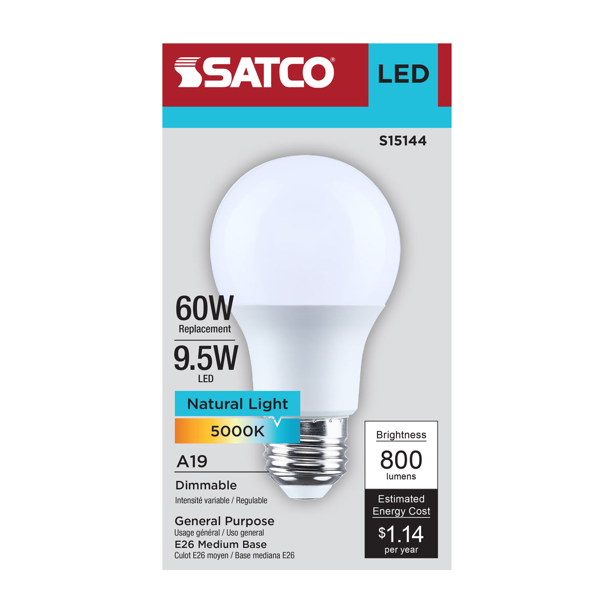 Satco S15144 9.5W A19 Natural Light LED Light Bulb Medium Base
