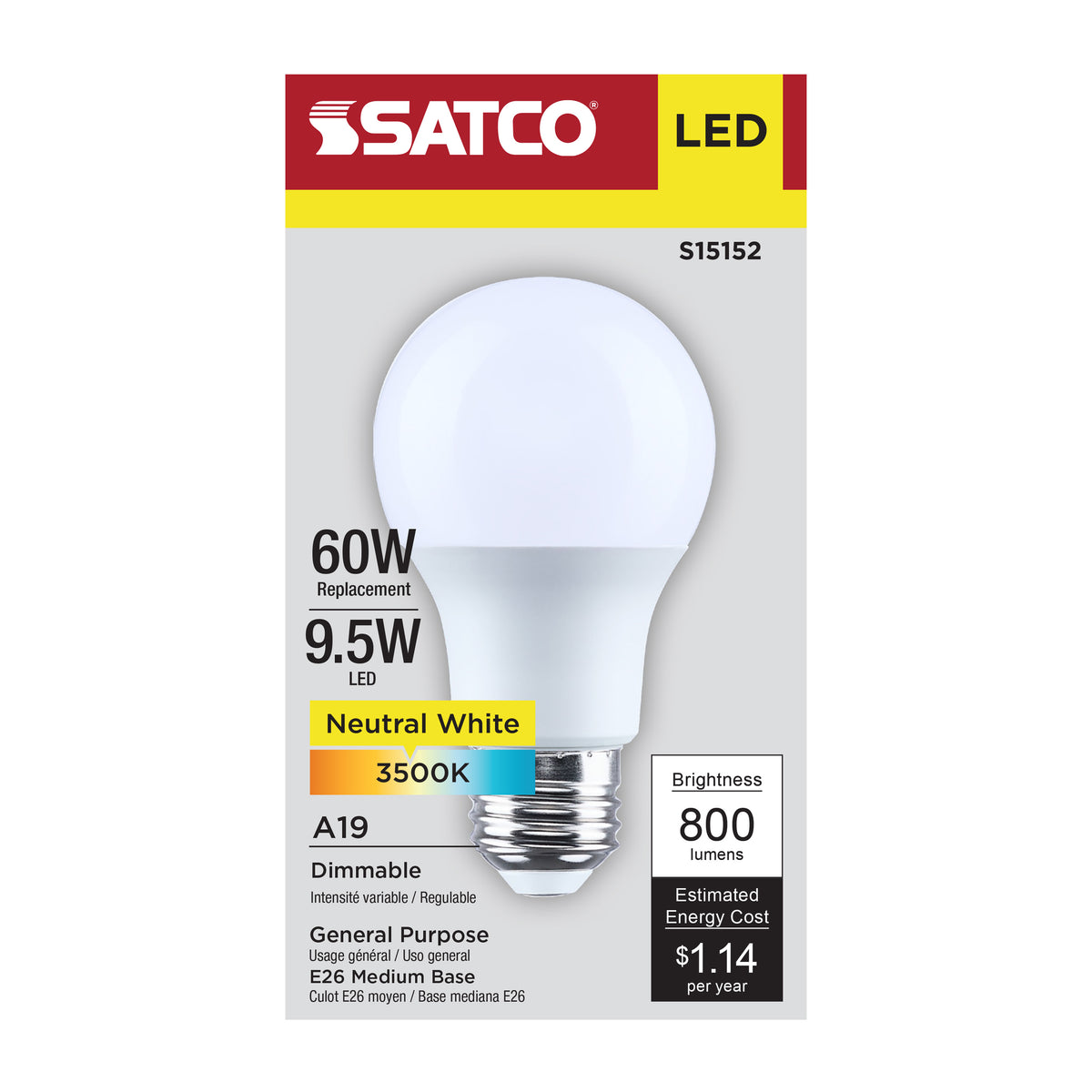 Satco S15152 9.5W A19 Neutral White LED Light Bulb Medium Base