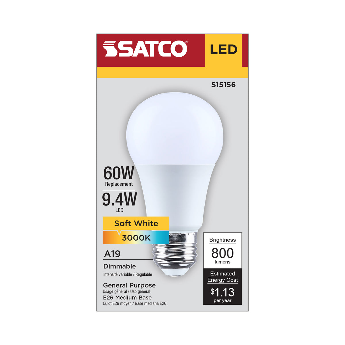 Satco S15156 9.4W A19 Soft White LED Light Bulb Medium Base
