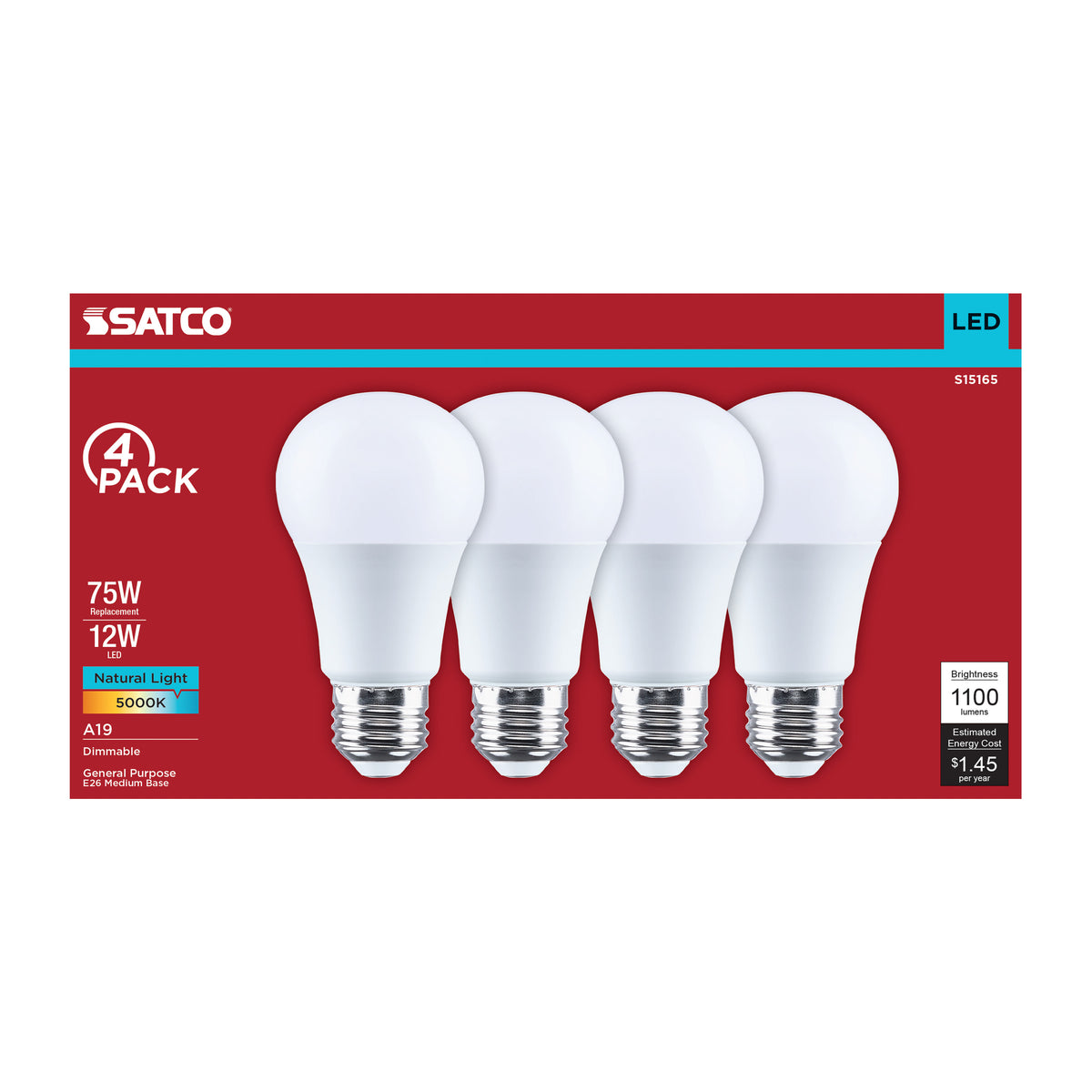 Satco S15165 12W A19 Natural Light LED Light Bulb Medium Base