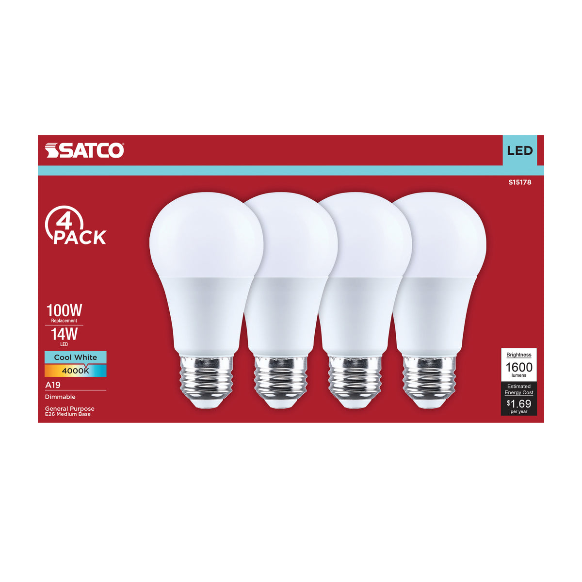 Satco S15178 14W A19 Cool White LED Light Bulb Medium Base