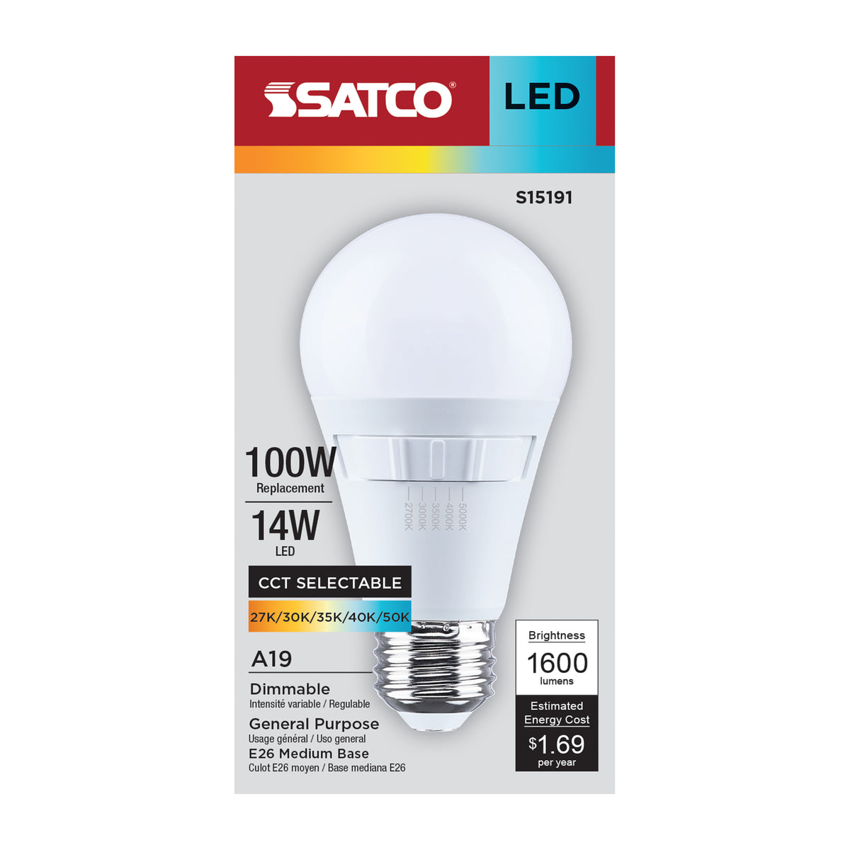 Satco S15191 14W A19 CCT Selectable LED Light Bulb Medium Base