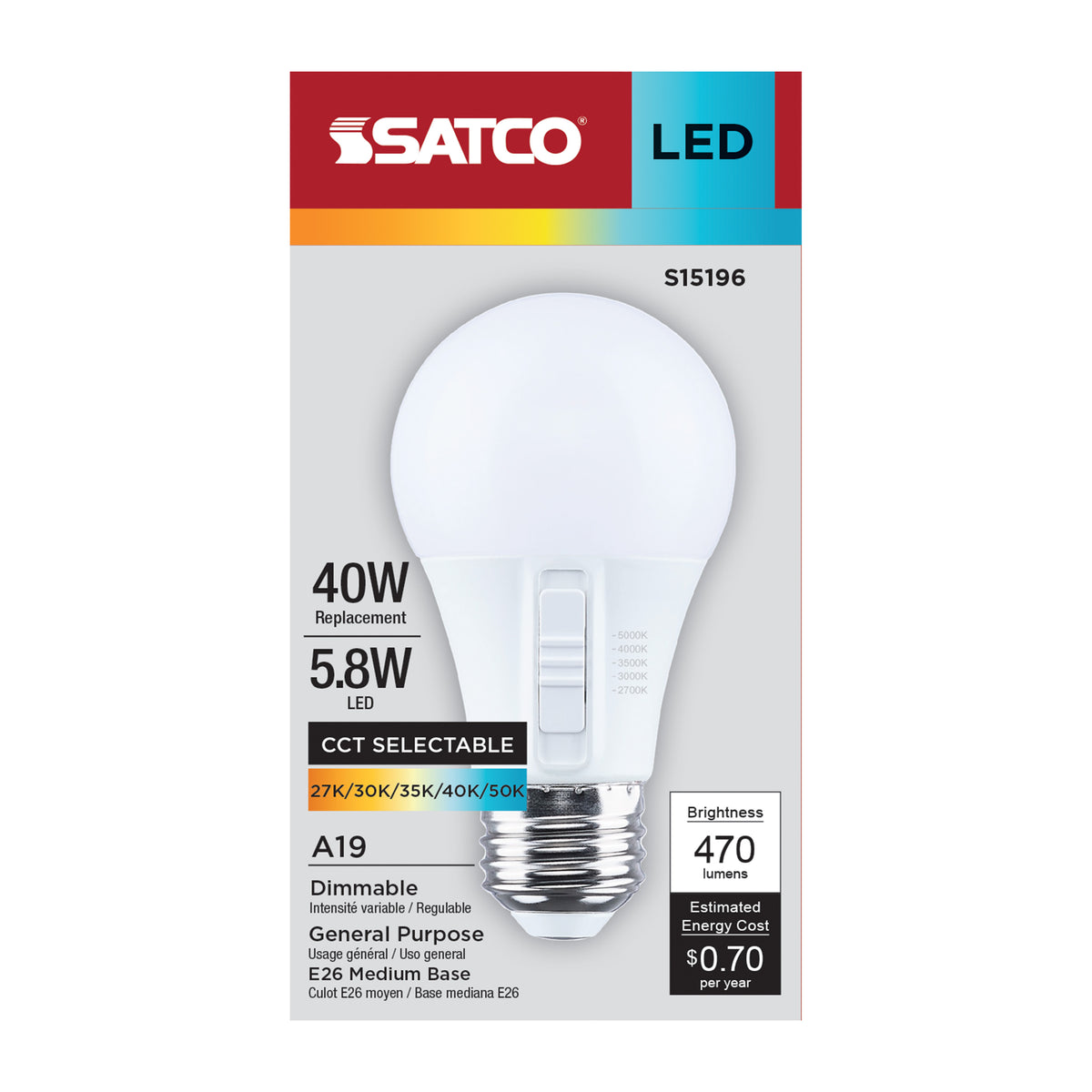 Satco S15196 5.8W A19 CCT Selectable LED Light Bulb Medium Base