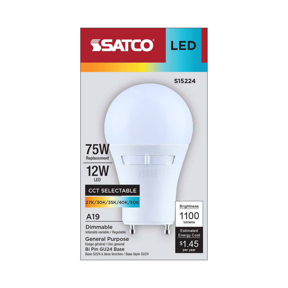 Satco S15224 12W A19 CCT Selectable LED Light Bulb Bi Pin GU24 Base