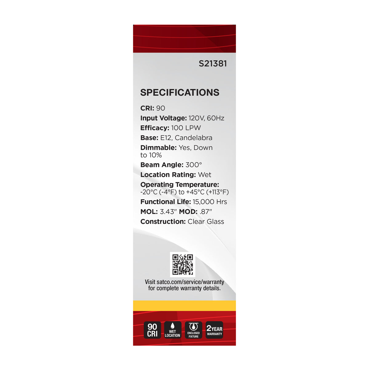 Satco S21381 4W T6 Soft White LED Light Bulb Candelabra Base