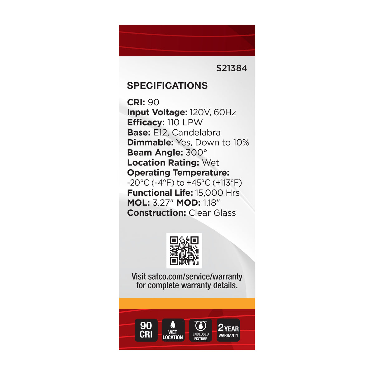 Satco S21384 5W T9 Warm White LED Light Bulb Candelabra Base