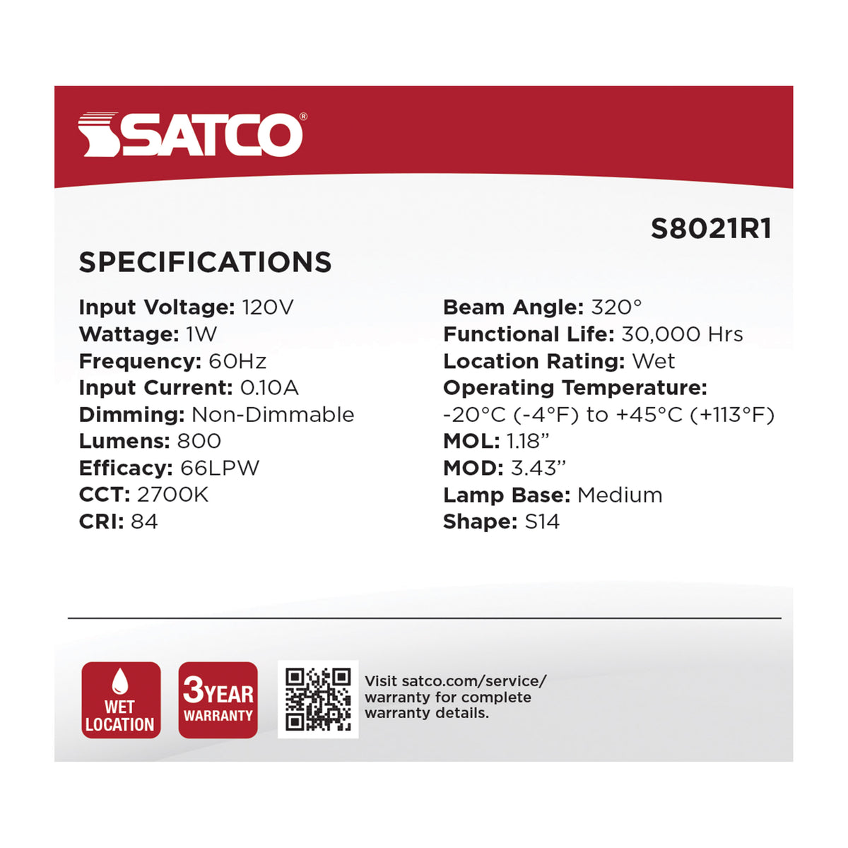 Satco S8021R1 1W S14 Warm White LED Light Bulb Medium Base