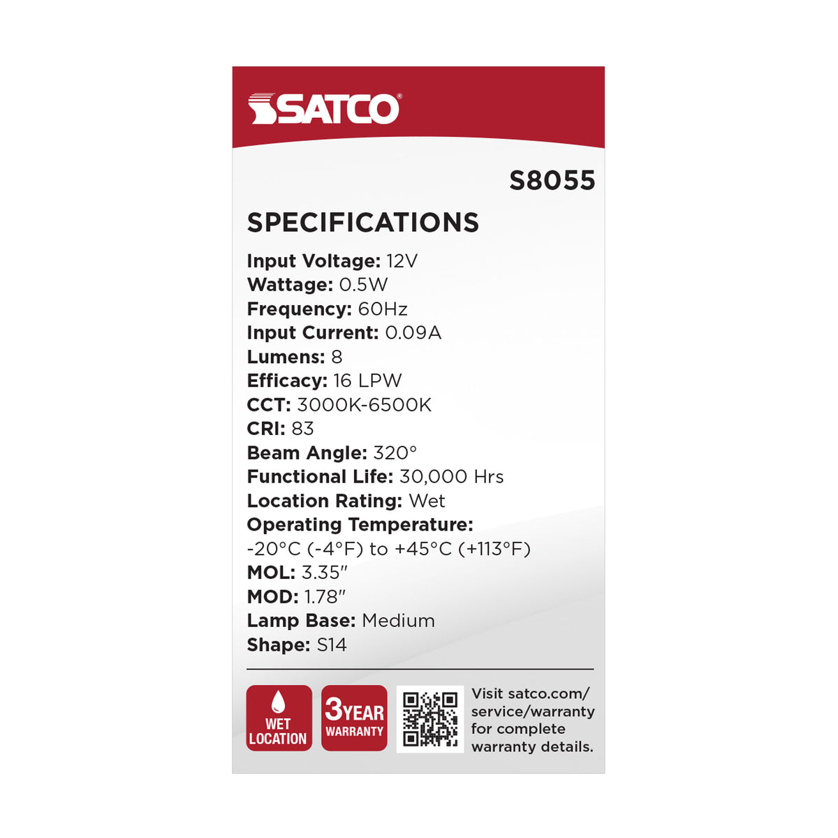 Satco S8055 0.5W S14 CCT Selectable LED Light Bulb Medium Base