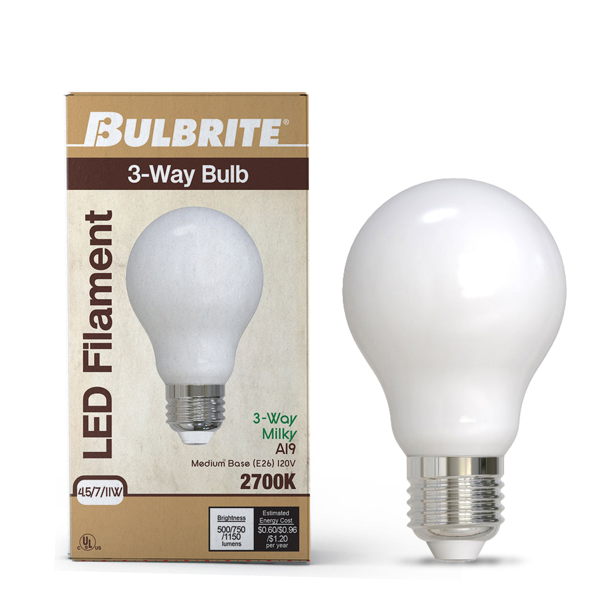 Bulbrite 776520 4.5/7/11W (40/60/75W Equiv.) Warm White (2700K) A19 E26 Base 3-Way LED Light Bulb
