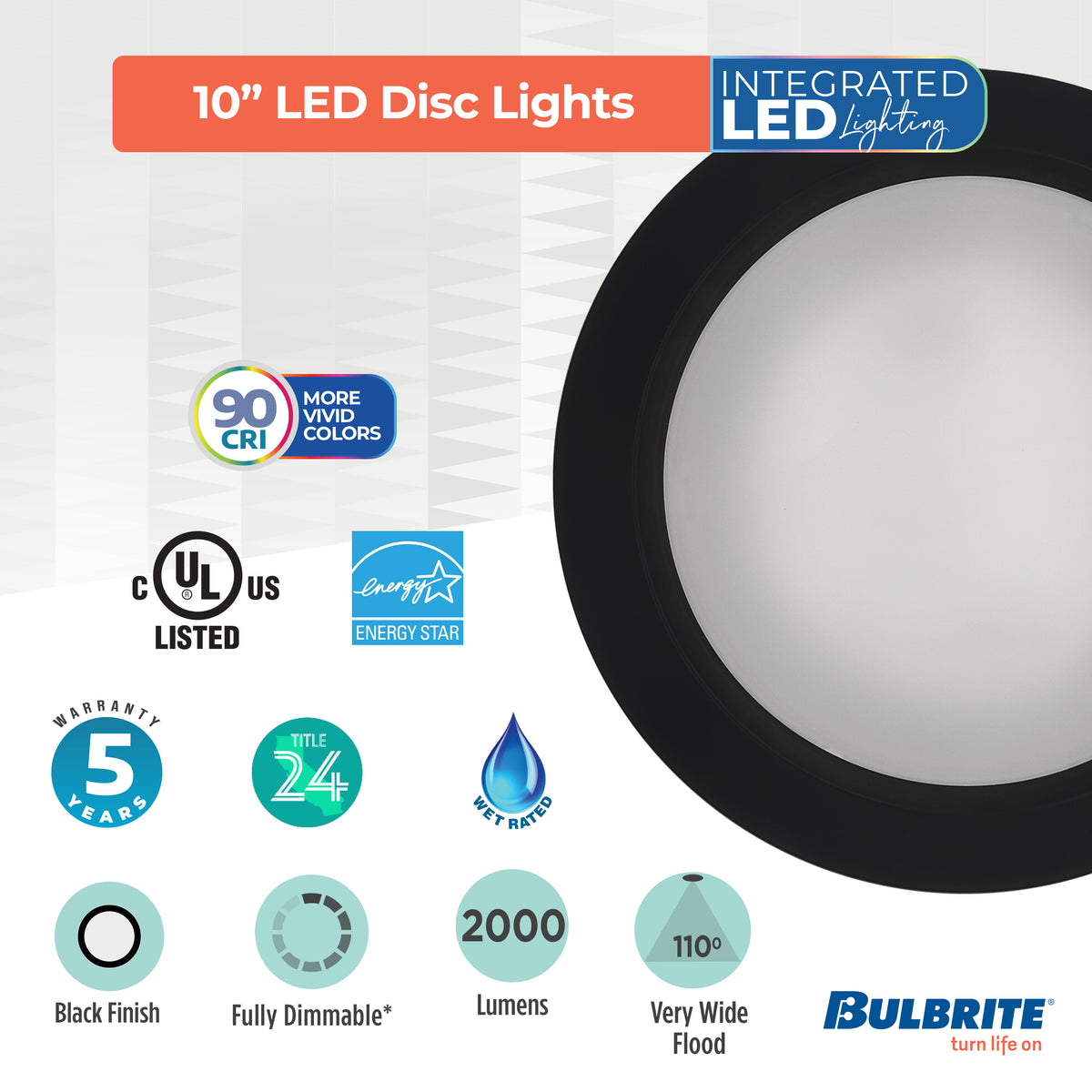 Bulbrite 773278 Bulbrite 25-Watt LED 10" Disc, 3000K, 2000 Lumens, Black Finish