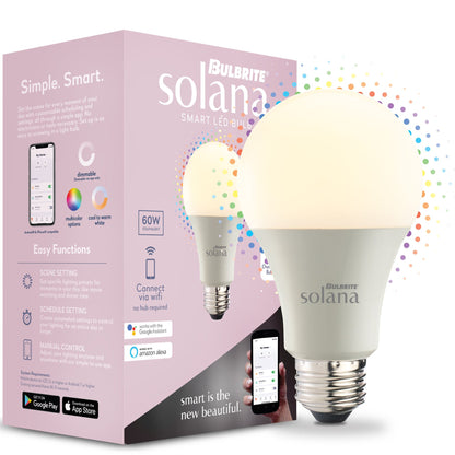 Bulbrite 195125 Bulbrite Solana Smart LED Wifi Light Bulb, A19 / E26 Base, 9W, 2200K-6500K/Multi-Color, Frost Finish