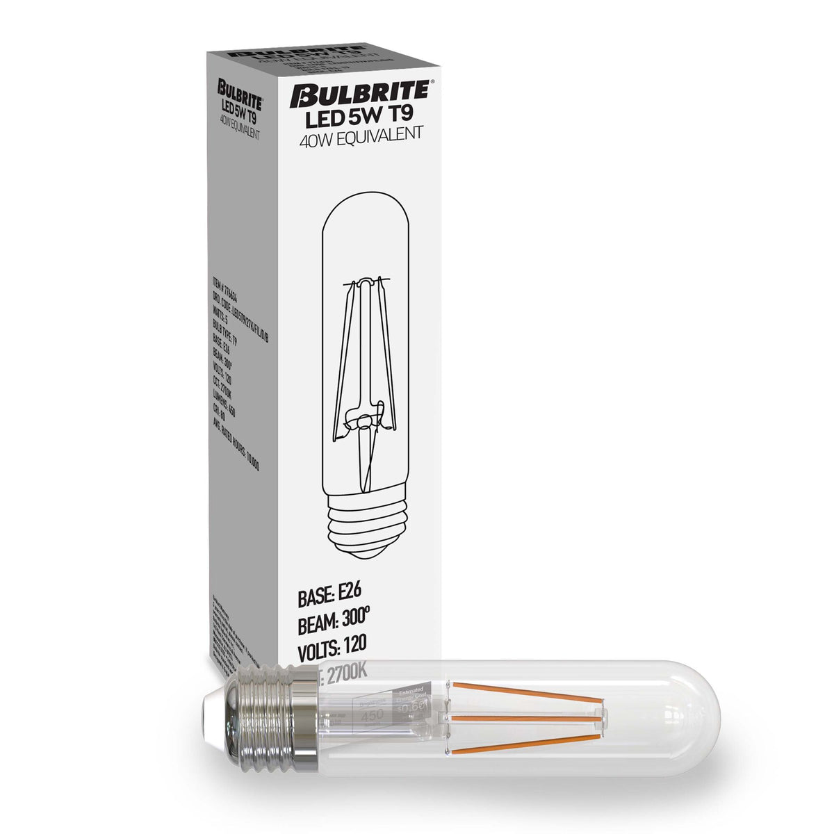 Bulbrite 776206 LED Filament 5.1 Watt Dimmable T9 5" Light Bulb with Clear Finish and Medium Screw 2700K E26 Base - 2700K (Warm White Light) 500 lumens