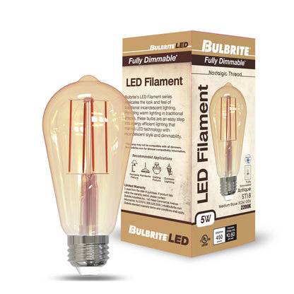 Bulbrite 776801 LED Filament 5 Watt ST18 Light Bulb with an Antique Finish and a Medium Screw E26 Base - 2200K (Amber Light) 450 Lumens