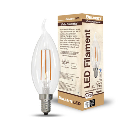 Bulbrite 776864 LED Filament 4.5 Watt CA10 Light Bulb with a Clear Finish and a Candelabra Screw E12 Base - 3000K (Soft White Light) 350 Lumens