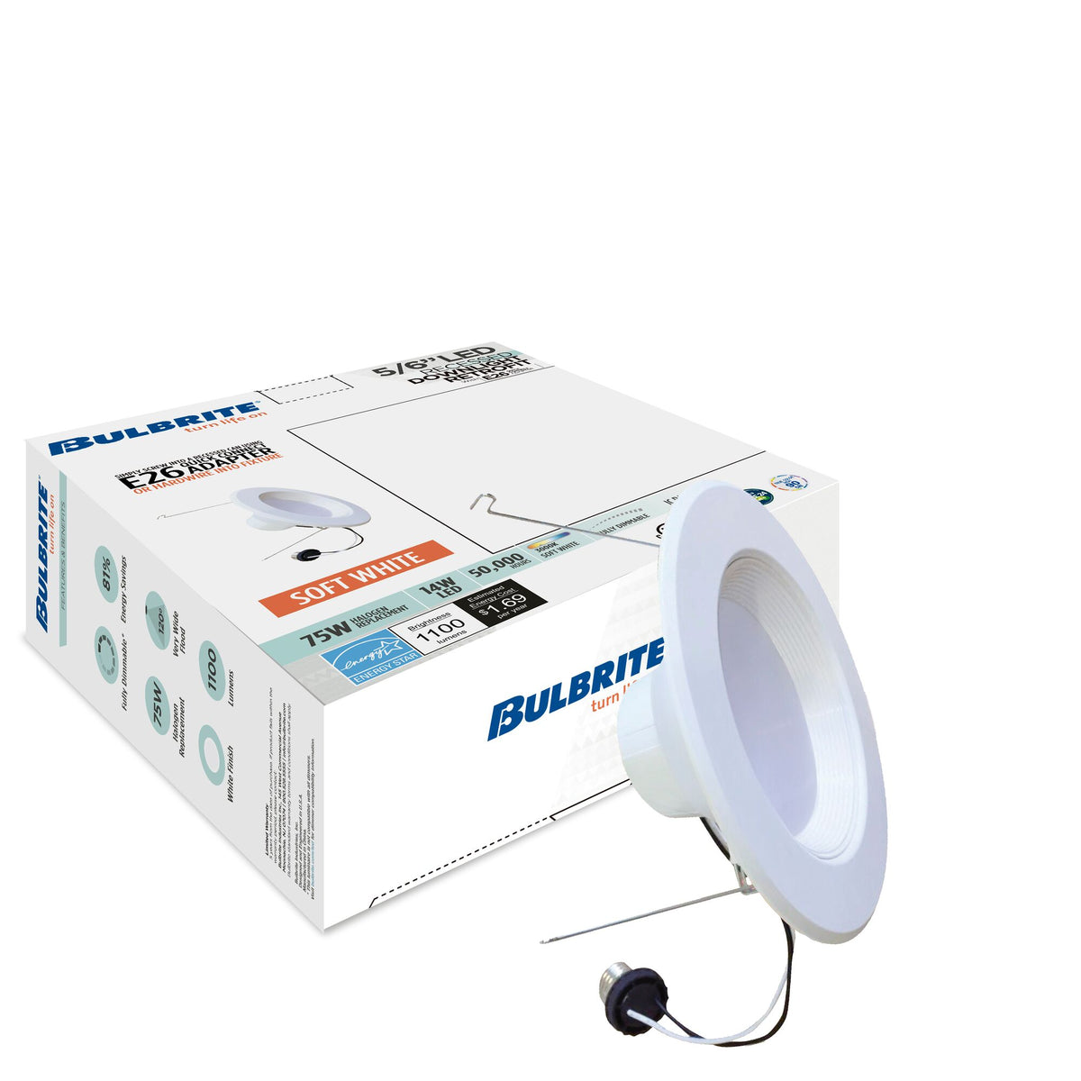 Bulbrite 773166 14 Watt 5/6" Integrated LED Recessed Downlight with E26 Quick Connect Adapter 3000K Soft White Light, 1100 Lumens