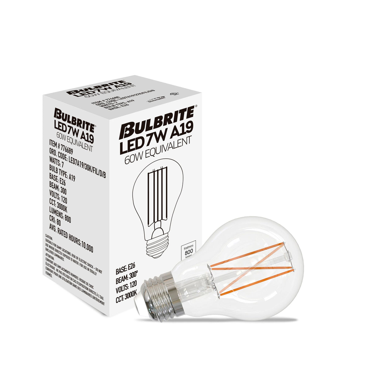 Bulbrite 776214 LED Filament 7.6 Watt Dimmable A19 Light Bulb with Clear Finish and Medium Screw 3000K E26 Base - 3000K (Soft White Light) 800 lumens