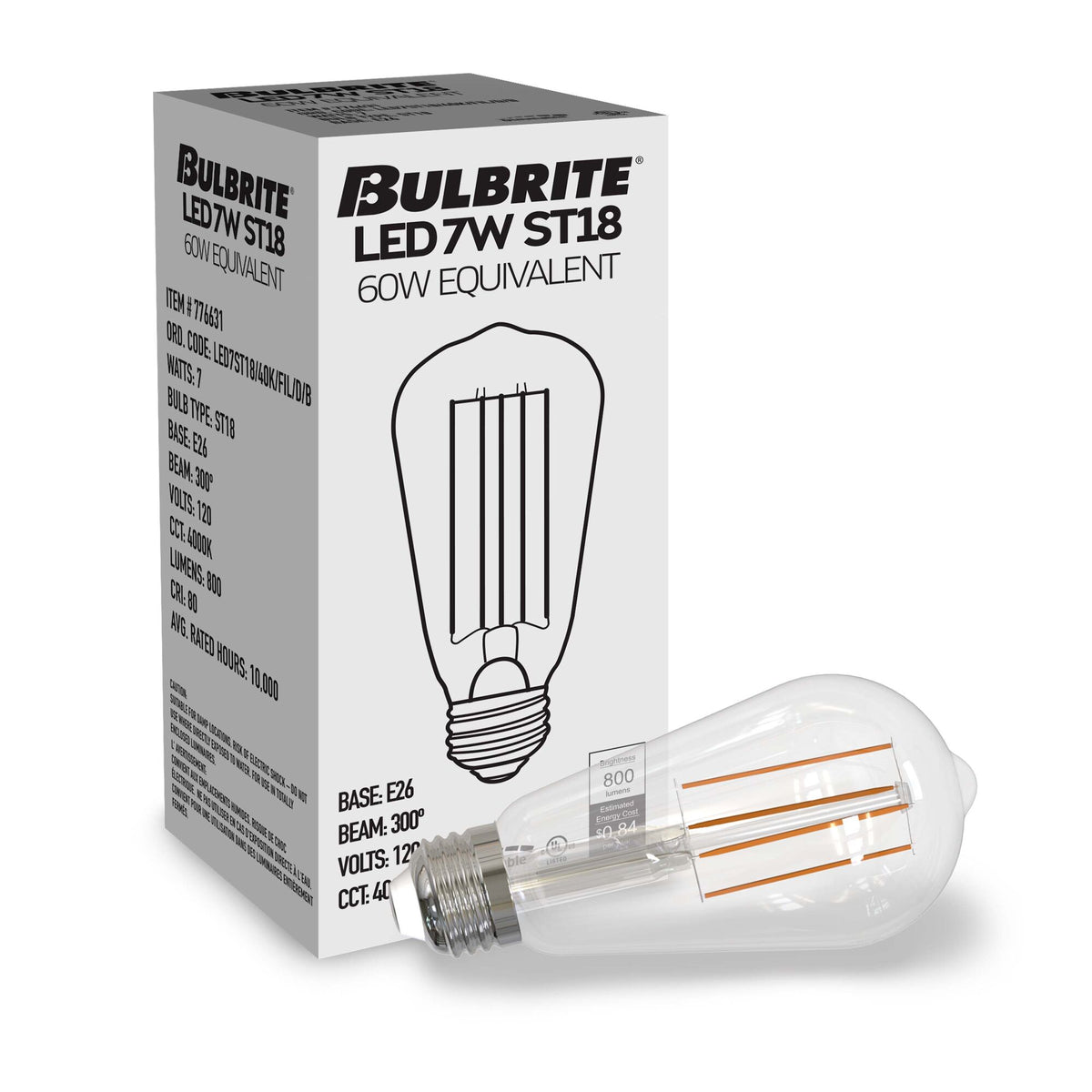 Bulbrite 776225 LED Filament 7.6 Watt Dimmable ST18 Light Bulb with Clear Finish and Medium Screw 4000K E26 Base - 4000K (Cool White Light) 800 lumens